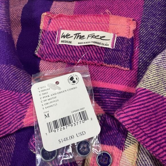 NWT FREE PEOPLE $148 SO LONG SUMMER COTTON FLANNEL SHIRT L PINK PLAID Button - Picture 6 of 12
